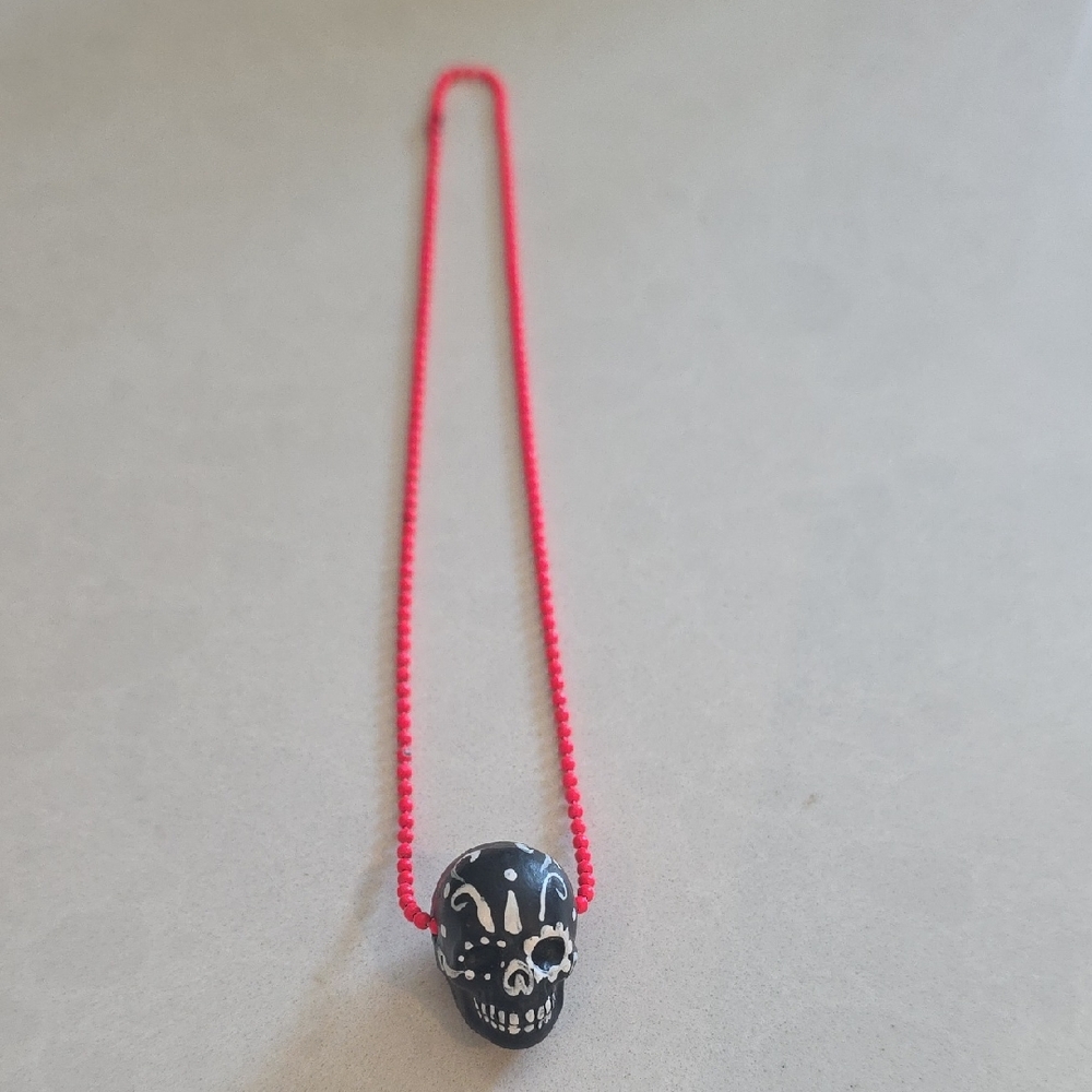 Kids Pink Beaded Skull Pendant Necklace